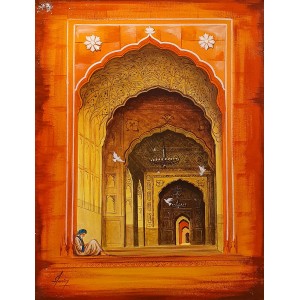S. A. Noory, Wazir Khan Mosque, 18 x 24 Inch, Acrylic on Canvas, Figurative Painting, AC-SAN-160